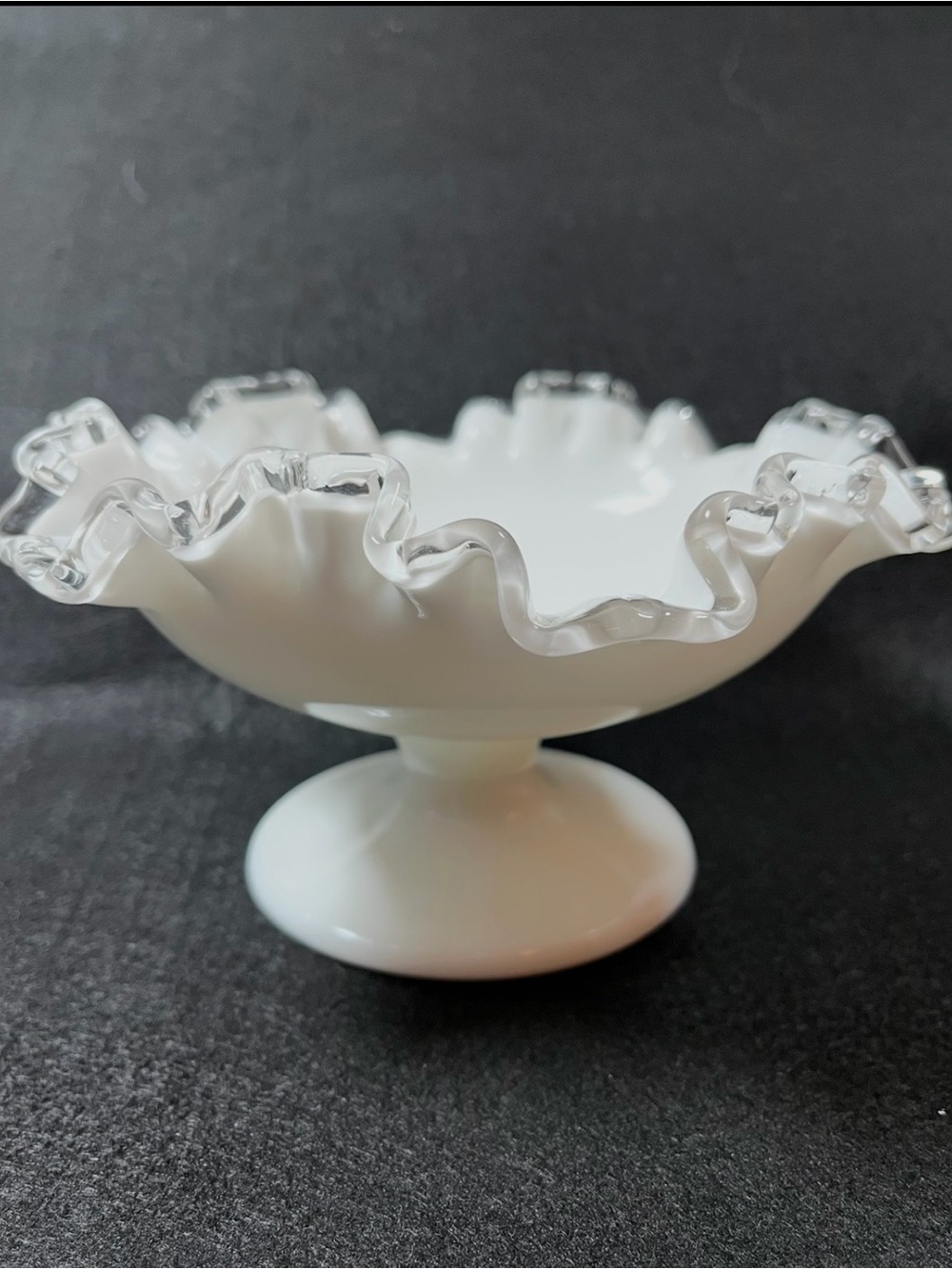 Vintage Fenton Milk Glass Silver Crest Ruffled Footed Candy Dish
